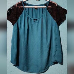 Torrid Teal Blouse with Black Lace Sleeves